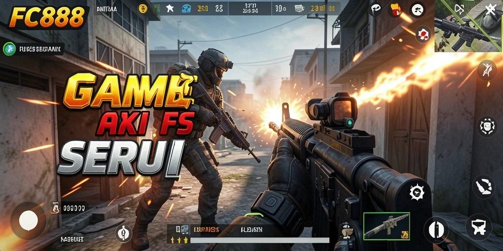 Screenshot gameplay FC888 menampilkan aksi menegangkan di medan perang FPS.