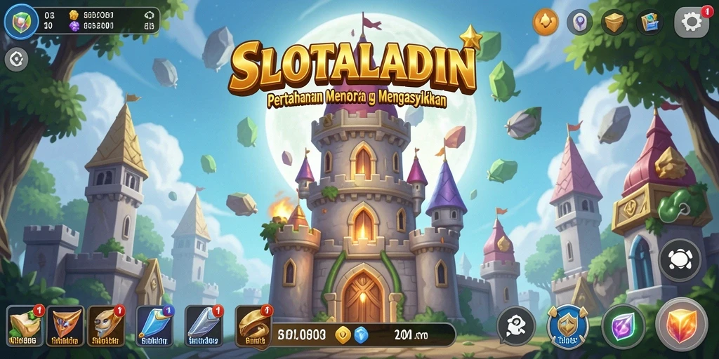 Tangkapan layar gameplay SLOTALADIN menampilkan aksi Tower Defense yang seru.